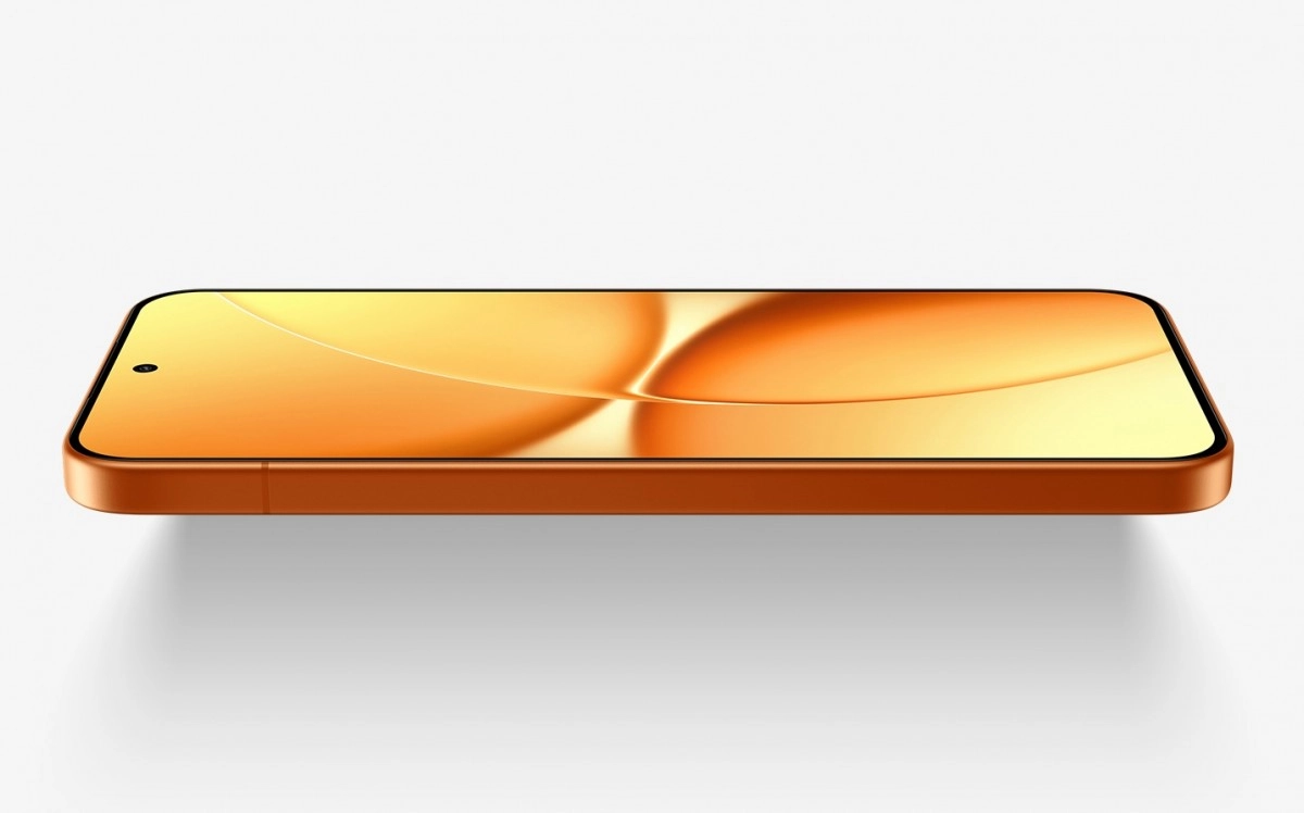 Redmi Turbo 5 smartphone with orange frame.