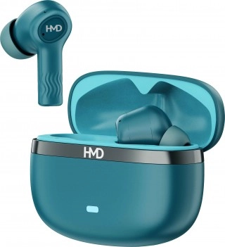 HMD Dub series teal TWS earbuds with charging case.