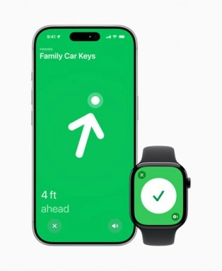 Apple AirTag Precision Finding displayed on iPhone and Watch.