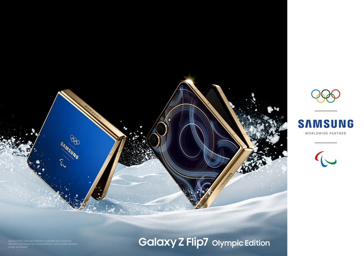 Two Samsung Galaxy Z Flip7 Olympic Edition gold phones.