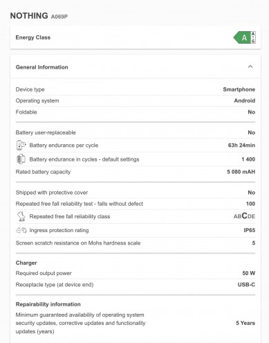 Nothing Phone (4a) Pro battery and charging certification details.