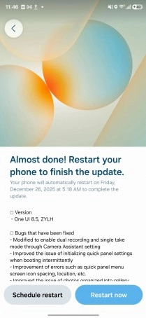 One UI 8.5 beta update restart confirmation screen.