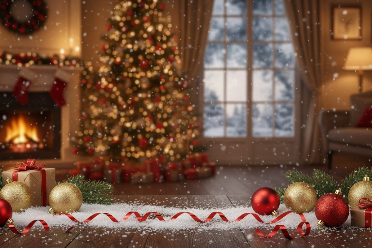 Cozy Christmas scene with tree, fireplace, and gifts.