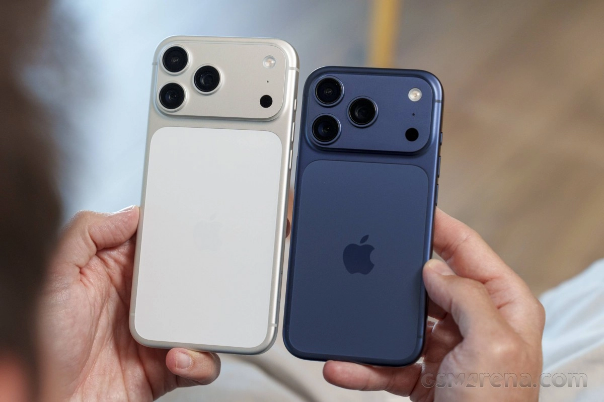 Two iPhones shown side-by-side, silver and blue.