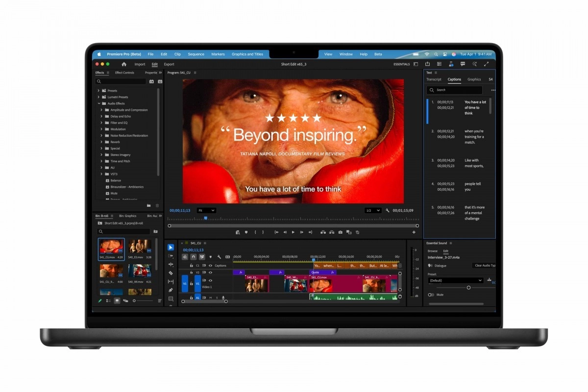 Laptop showing Premiere Pro video editing software.
