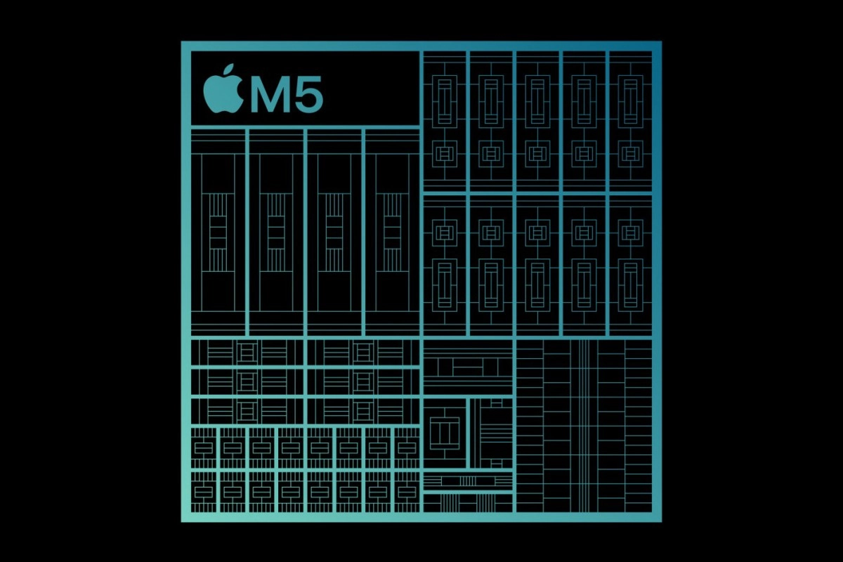 Apple M5 chip schematic on black background