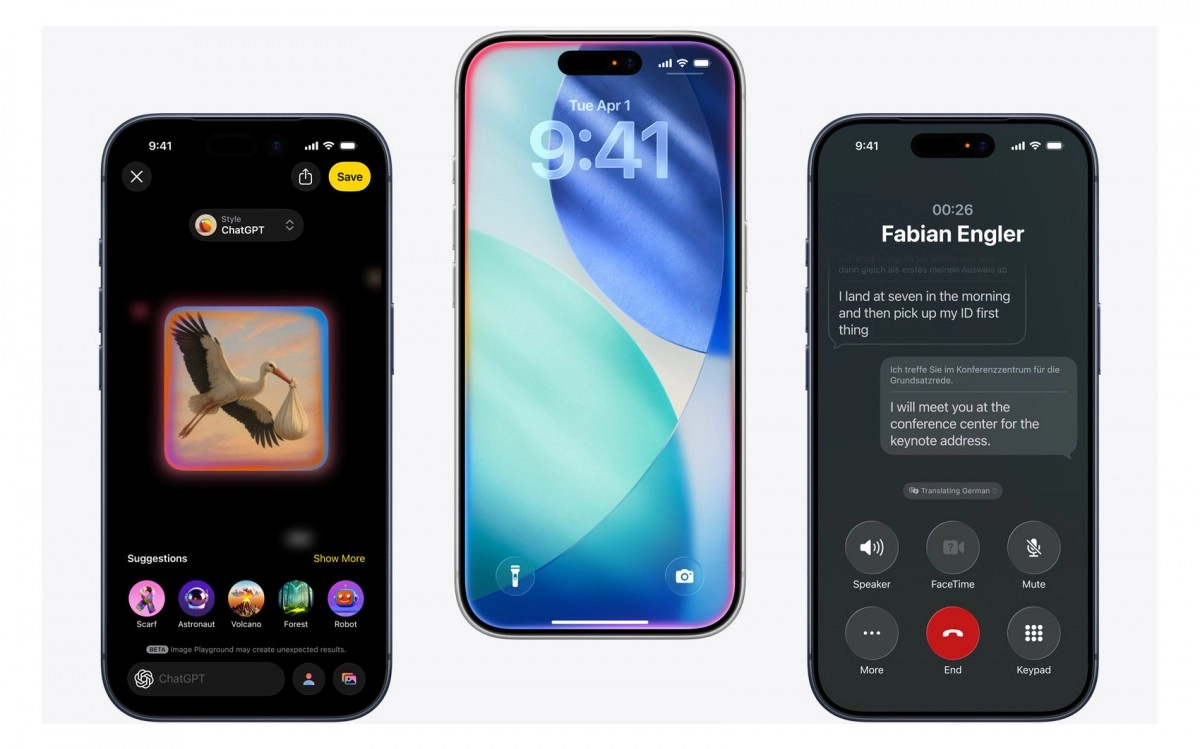 Three iPhones showing ChatGPT and FaceTime features.