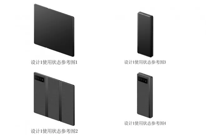 Xiaomi tri-fold phone patent render, unfolded and folded.