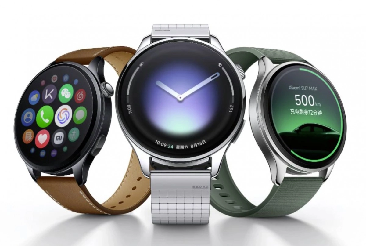 Three Xiaomi smartwatches with different bands.