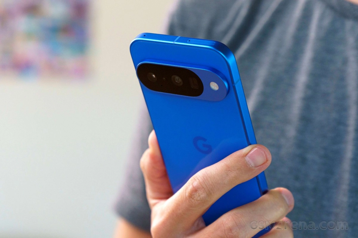 Blue Google Pixel phone with triple camera