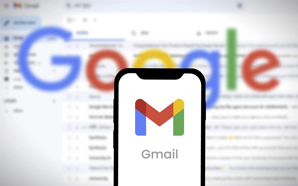 Gmail app on phone with Google logo background