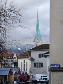 Zurich Fraumünster church spire above Zwingliplatz street