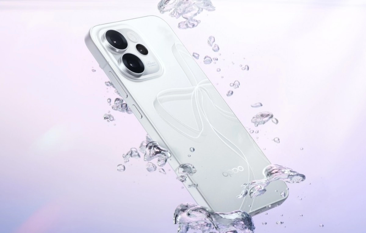 White Oppo smartphone with splashing water.