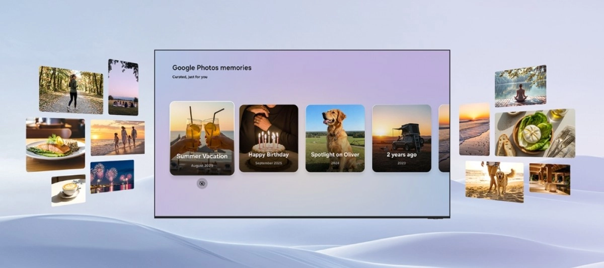 Samsung TV displaying Google Photos memories with various images.