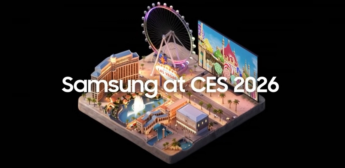 Samsung at CES 2026 Las Vegas cityscape display