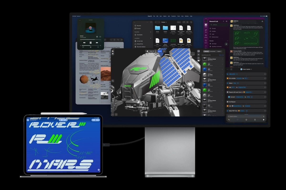 iPad Pro and external monitor with 3D design.