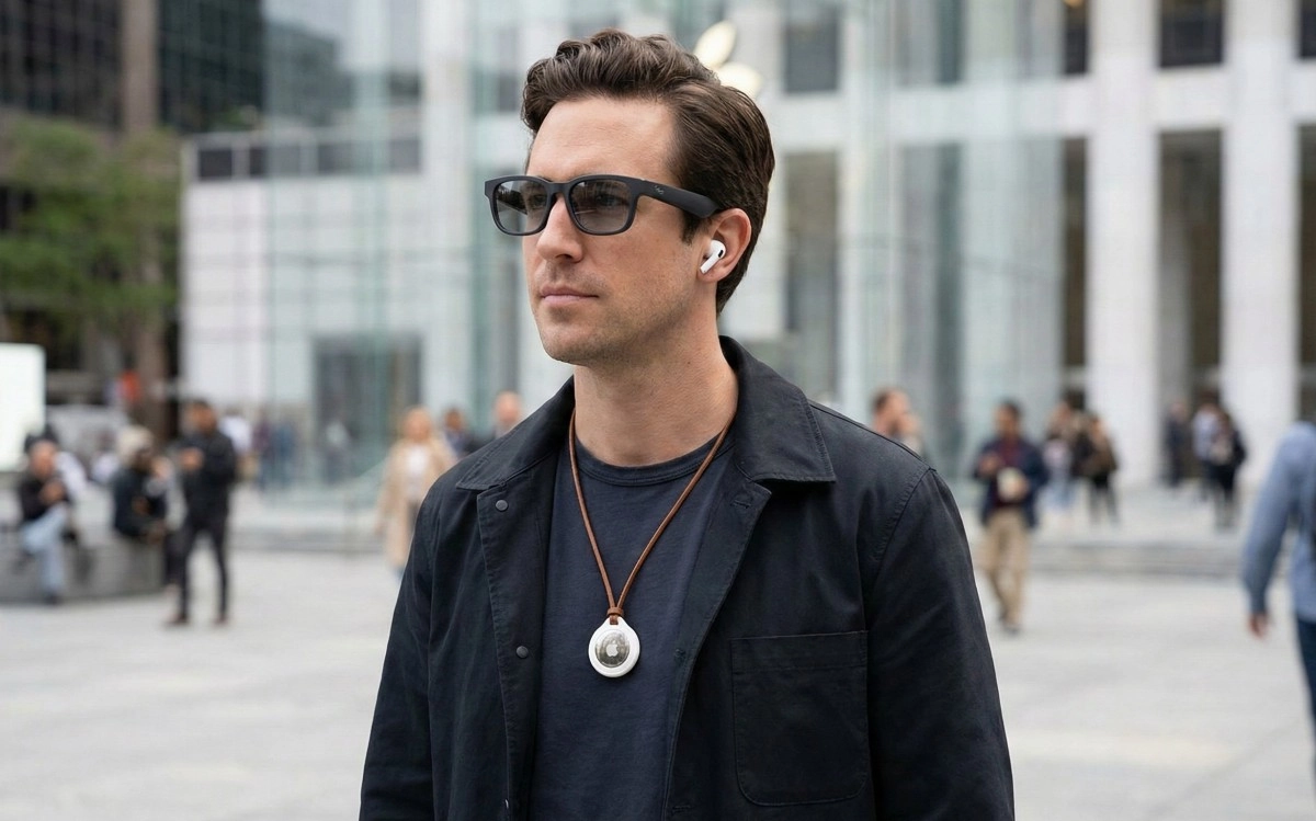 Apple smart glasses, AirPods, and AirTag pendant.