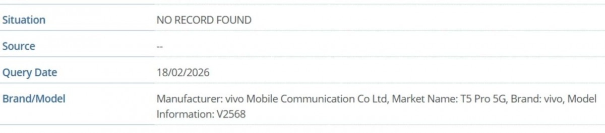 Vivo T5 Pro 5G model information with record status.