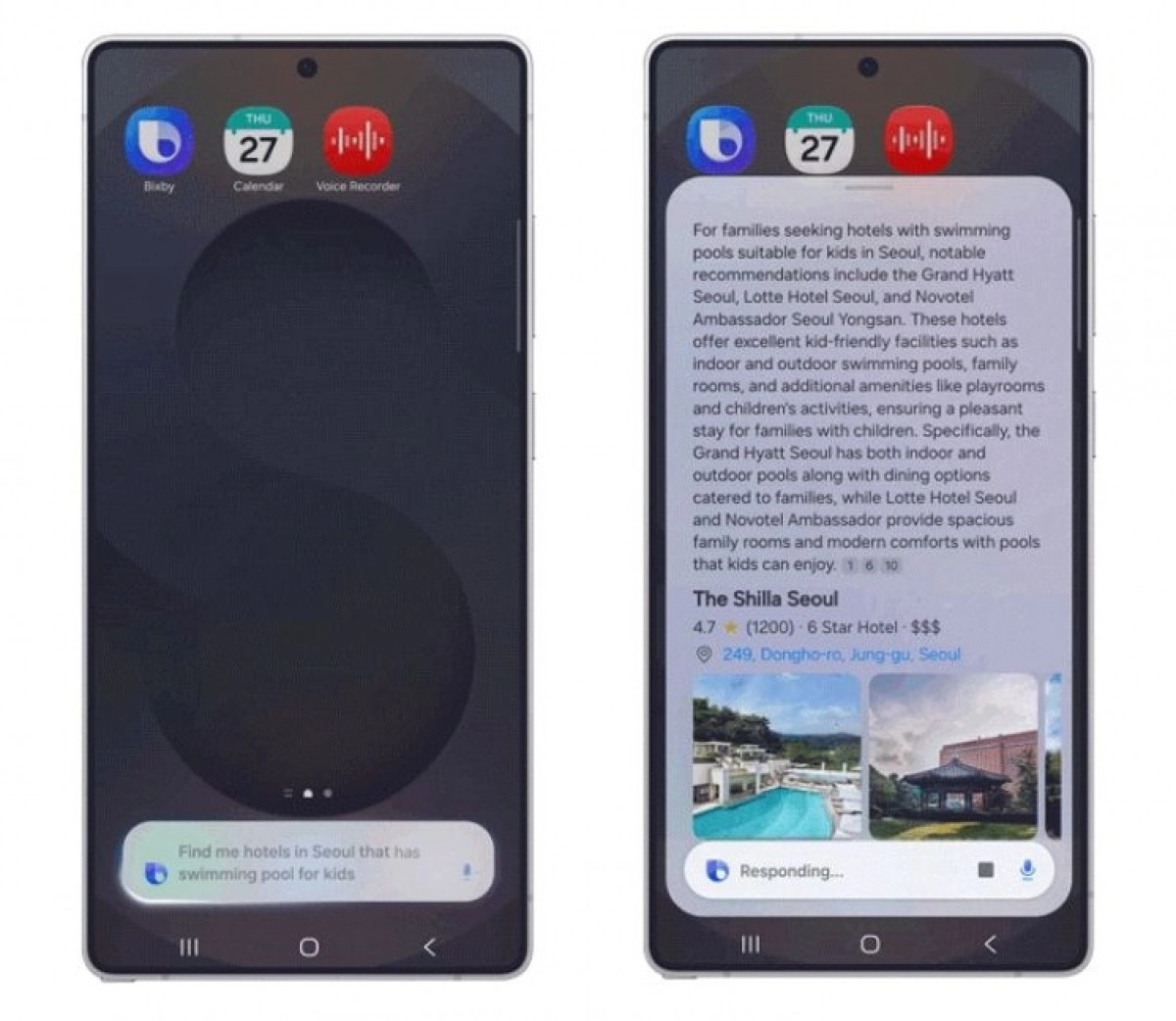 Upgraded Bixby on Samsung phone shows hotel search.