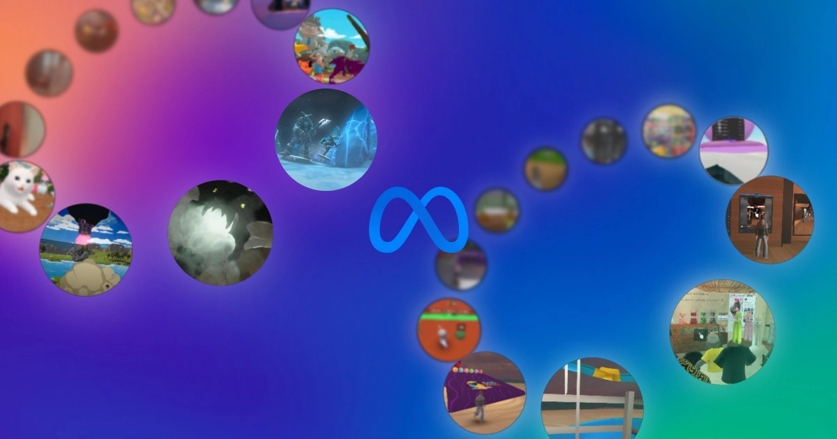 Metaverse scenes within circles and Meta logo.