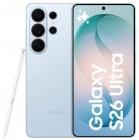Light blue Samsung Galaxy S26 Ultra with S Pen.