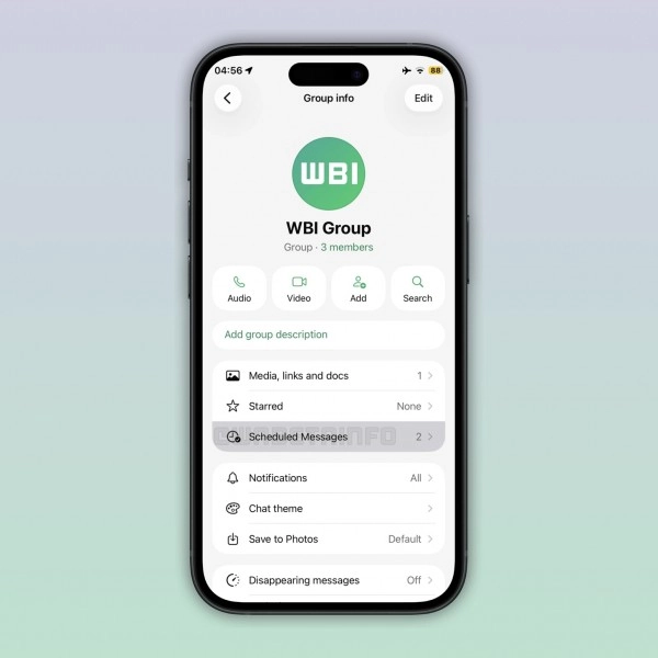 WhatsApp Group Info screen with Scheduled Messages.
