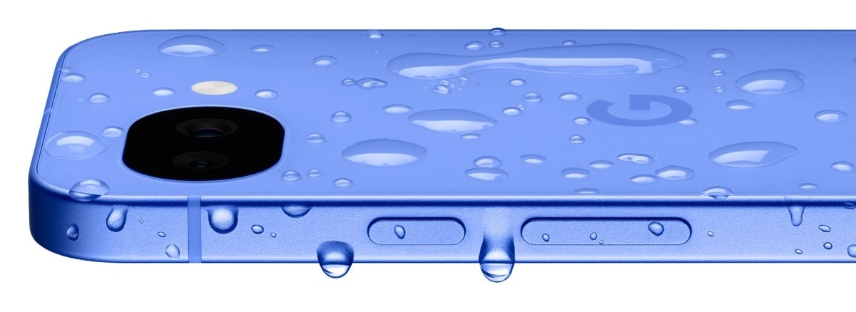 Blue Google Pixel phone with water droplets.