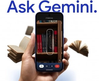 Hand holding Pixel phone scanning bookshelf with Gemini.