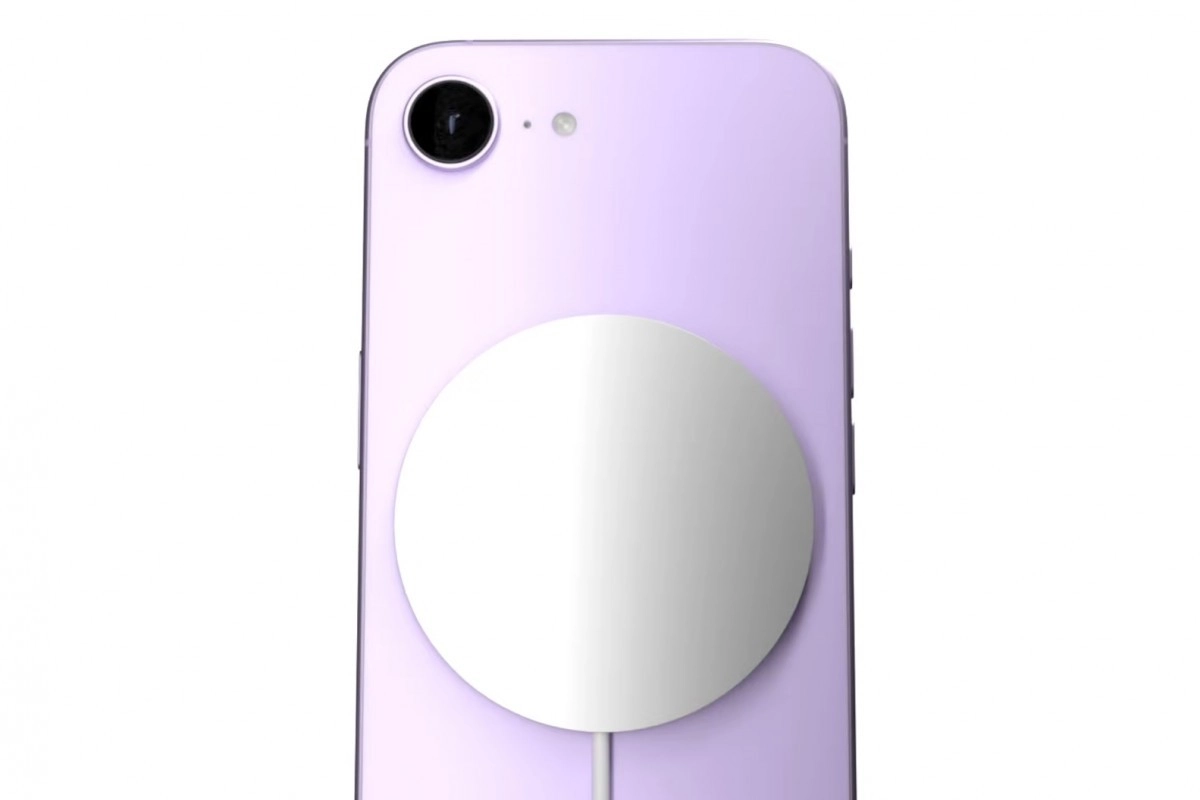 iPhone 17e with MagSafe charger mockup.