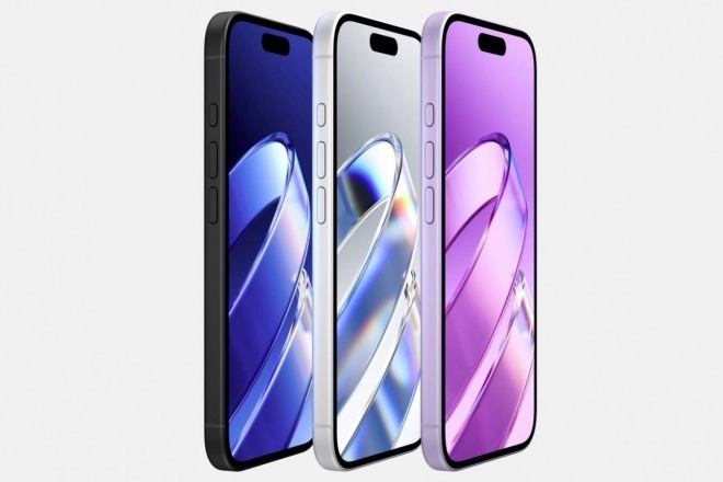 Three iPhones in black, white, and purple colors.